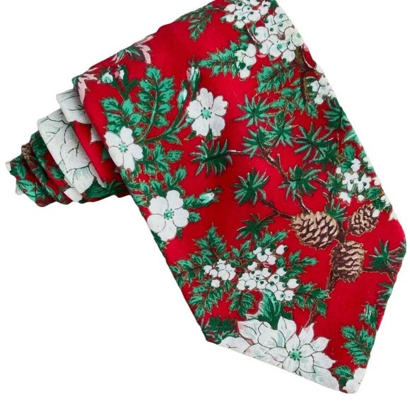 Vintage Christmas Poinsettias Neck Tie Silk Red Floral Career Professional Mens - Picture 1 of 12